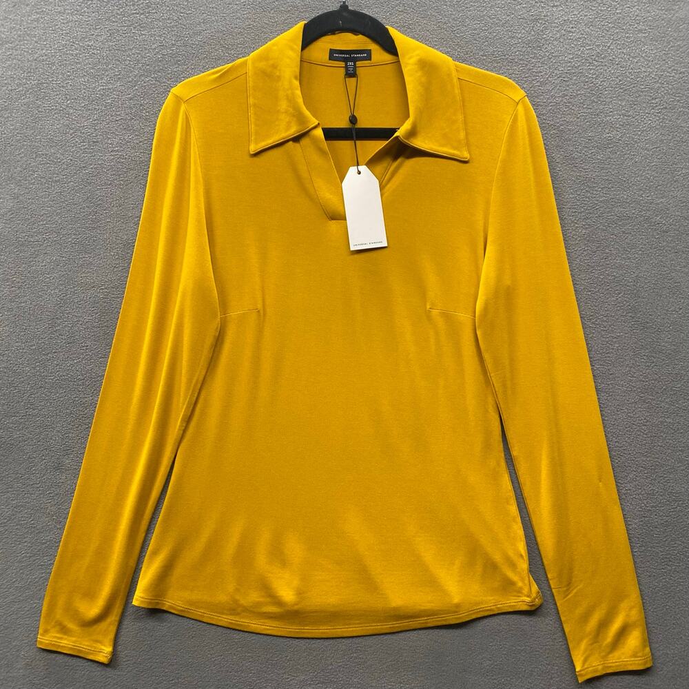 Universal Standard Aalto Liquid Jersey Polo Top Womens 2XS Mustard‎ Long Sleeve